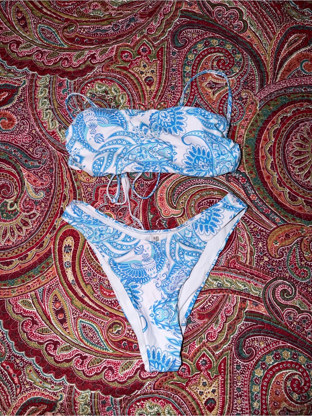 SHEIN White and Light Blue Paisley Bandeau Bikini Set
